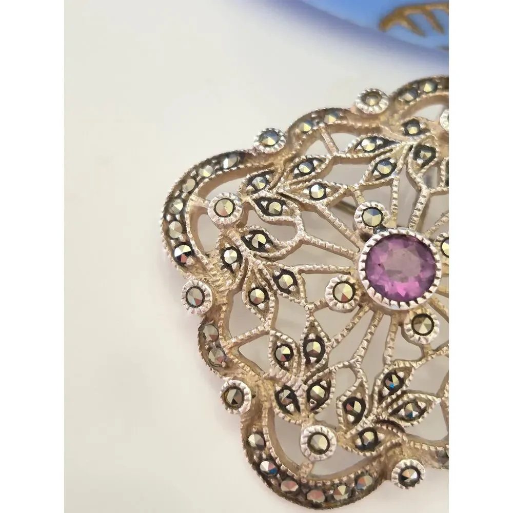 Vintage Judith Jack Sterling Silver Amethyst & Marcasite Brooch Pendant